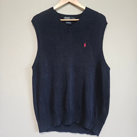 Vtg Polo Ralph Lauren Sweater Vest Men’s L Navy Blue Linen Cotton Knit Old Money